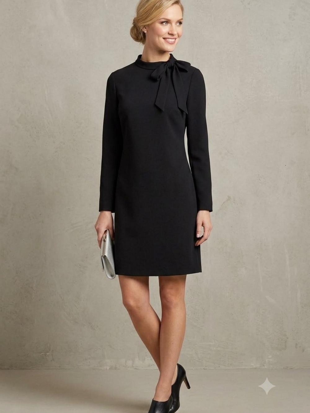 Calvin Klein Black Long-Sleeve Tie-Neck Shift Dress